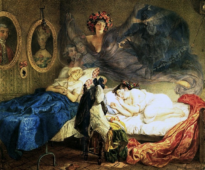 Сон бабушки и внучки (1829), бумага, акварель, лак Она посвящена